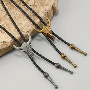 NEW Western Bull Skull Bolo Tie - Black Braided Cord with Gold or Silver Accents